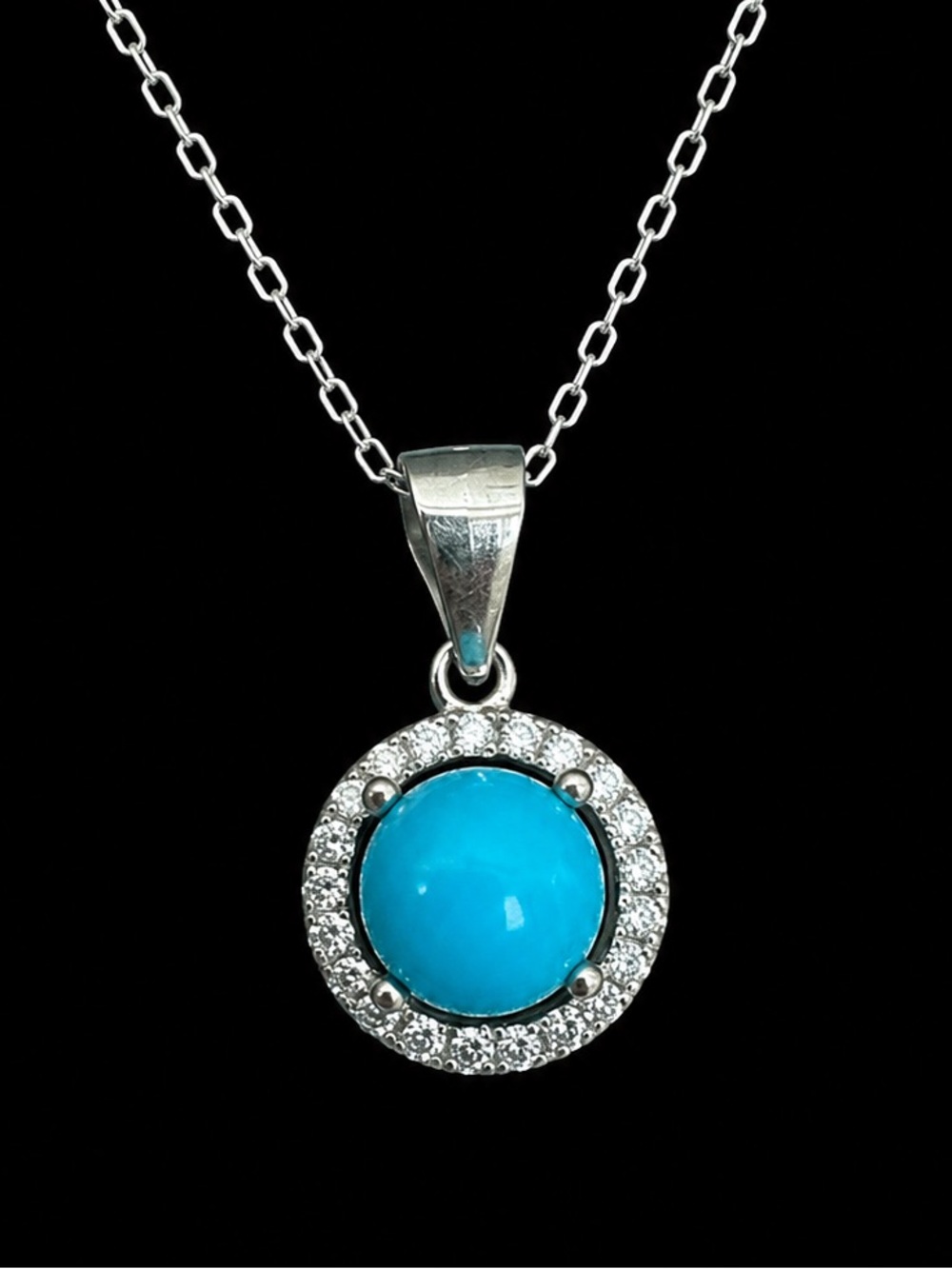 925 Sterling Silver Turquoise CZ Halo Pendant Necklace Italy Chain 18"